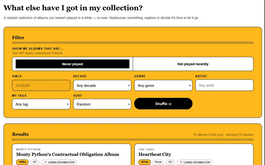 Discover showing albums never played, with decade and genre filters