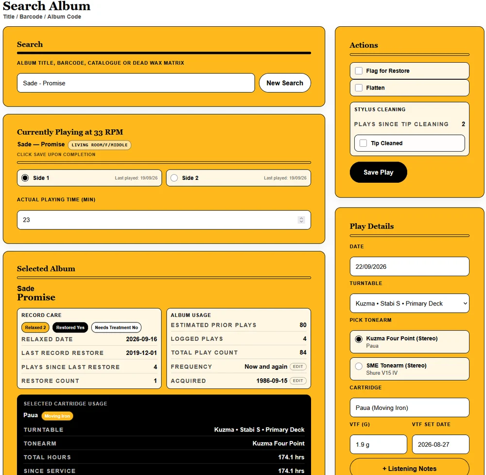 VRT Play Log with the selected album's care record and stylus cleaning counter