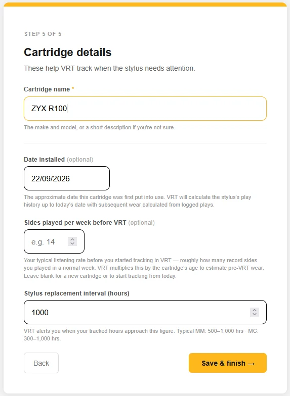 Setup wizard cartridge details step
